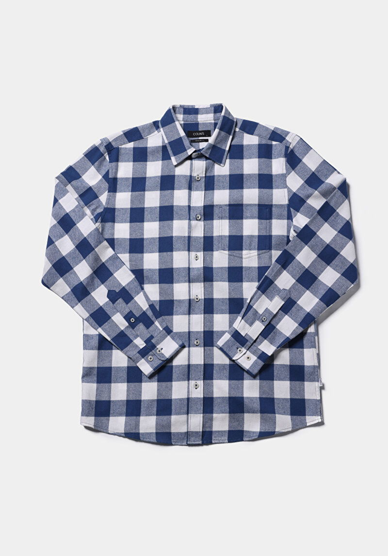 Regular Fit Shirt Neck Kareli Erkek Mavi Uzun Kol Gömlek