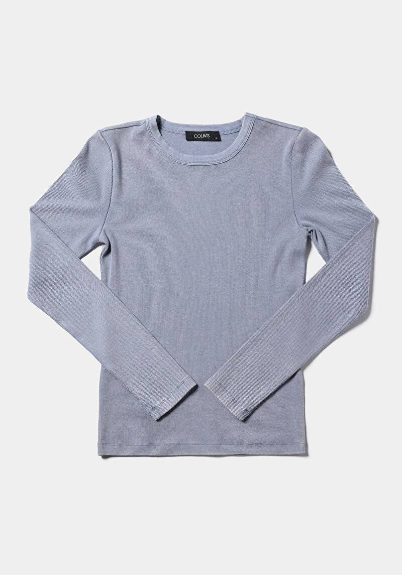 Slim Fit Yuvarlak Yaka Düz Kadın Mavi Uzun Kol Tişört