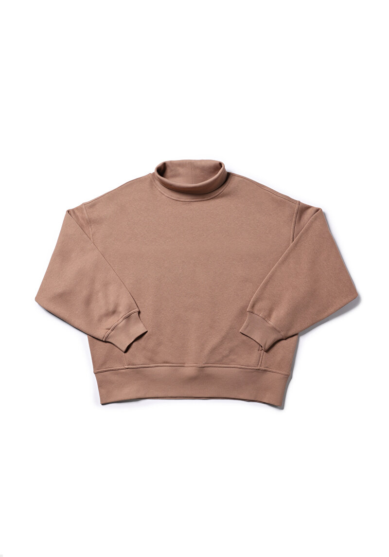 Relax Fit Dik Yaka Düz Kadın Bej Sweatshirt