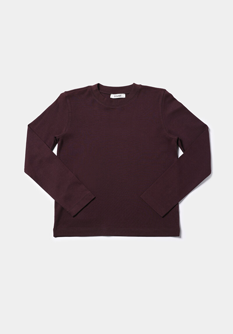 Regular Fit Yuvarlak Yaka Düz Kadın Mor Uzun Kol Tişört