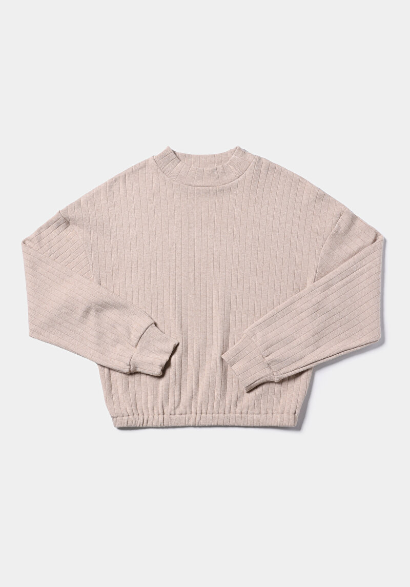 Regular Fit Dik Yaka Düz Kadın Bej Uzun Kol Tişört