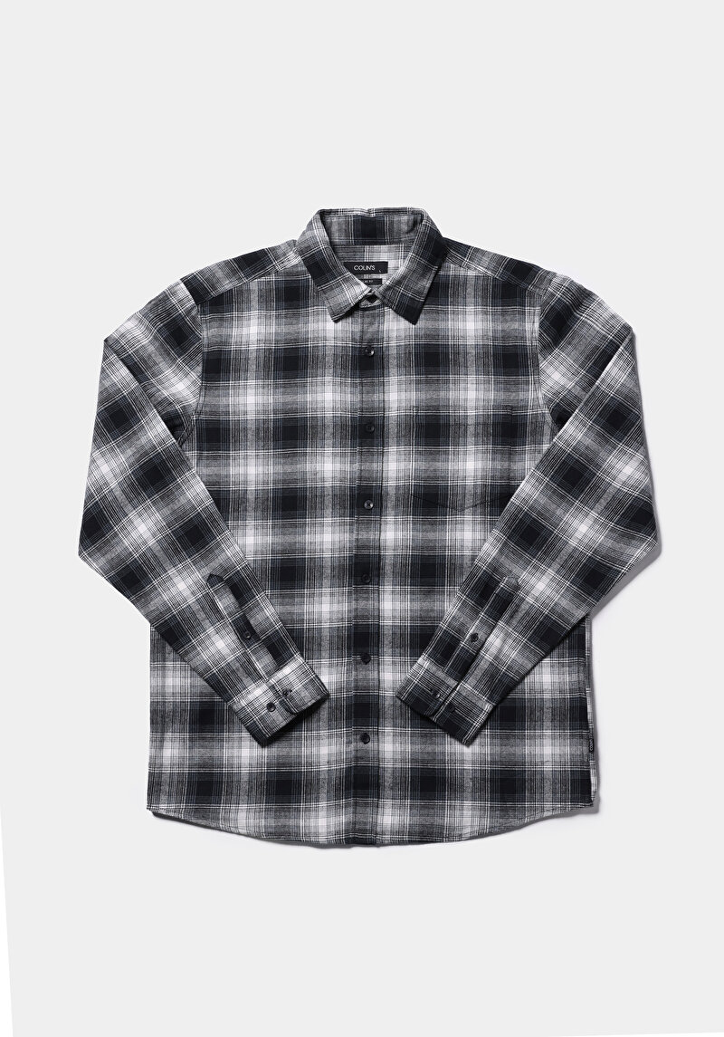 Regular Fit Shirt Neck Ekoseli Erkek Lacivert Uzun Kol Gömlek