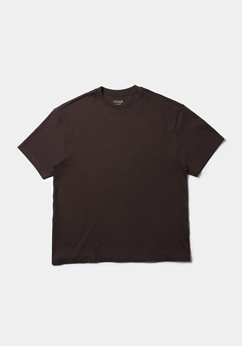Oversize Fit Yuvarlak Yaka Düz Erkek Kahverengi Kısa Kol Tişört