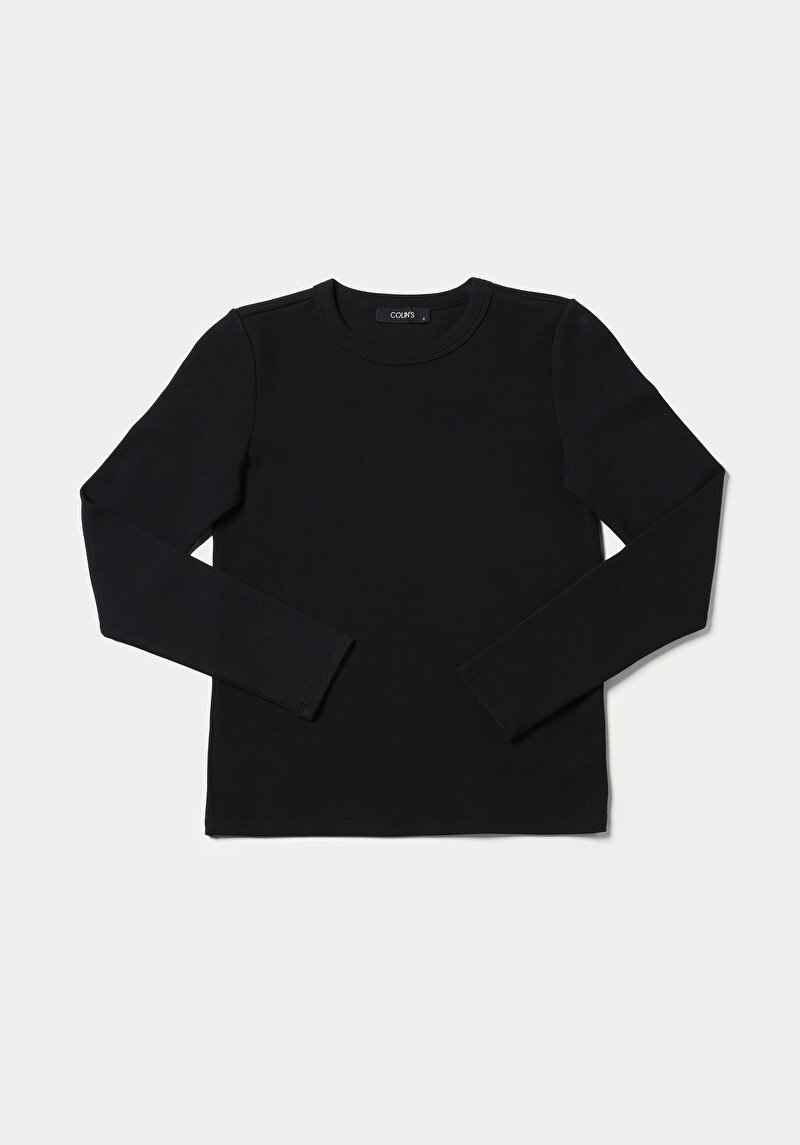 Slim Fit Yuvarlak Yaka Düz Kadın Siyah Uzun Kol Tişört