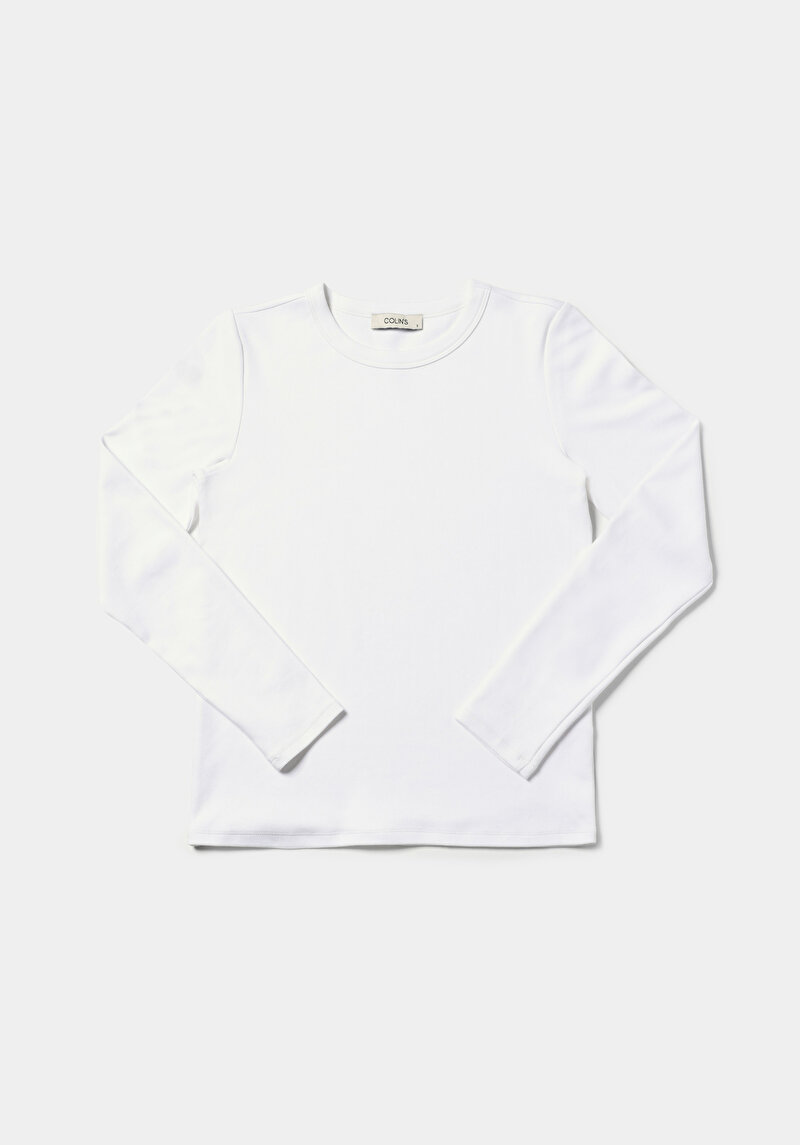 Slim Fit Yuvarlak Yaka Düz Kadın Beyaz Uzun Kol Tişört