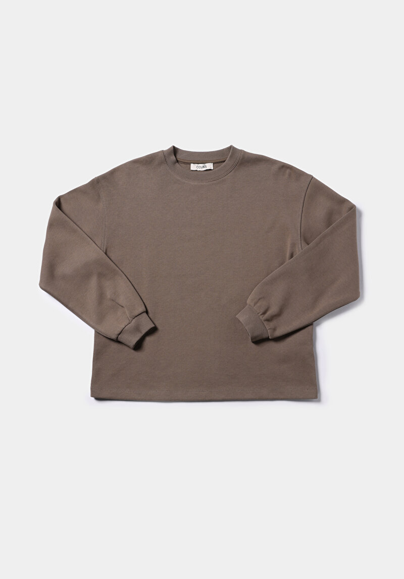 Regular Fit Yuvarlak Yaka Düz Kadın Bej Sweatshirt