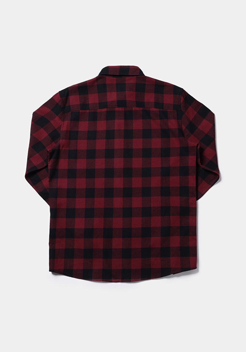 Regular Fit Shirt Neck Kareli Erkek Bordo Uzun Kol Gömlek