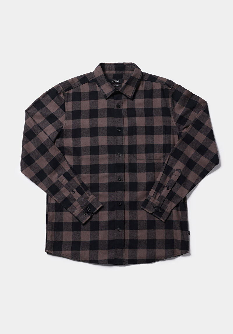 Regular Fit Shirt Neck Kareli Erkek Kahverengi Uzun Kol Gömlek