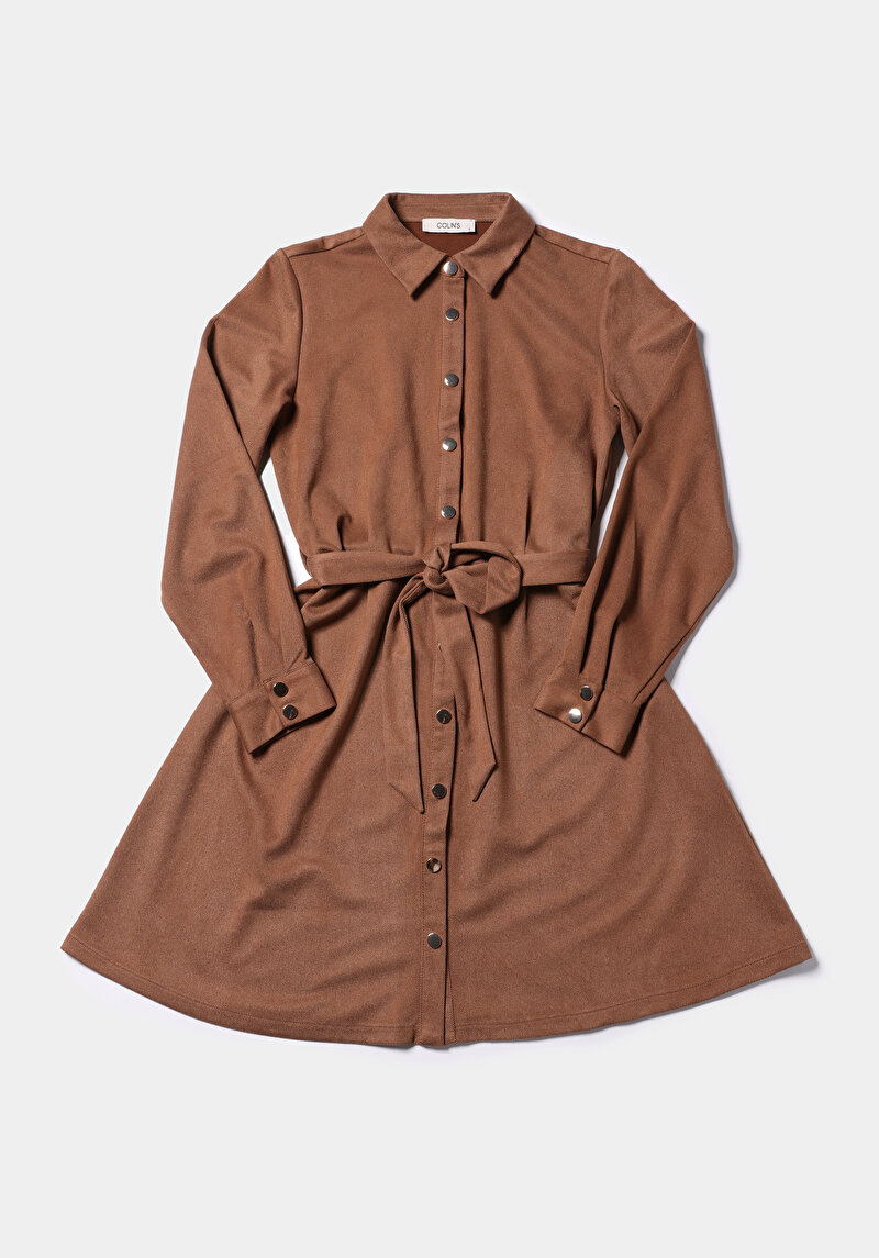 Regular Fit Düz Kadın Bej Uzun Kol Elbise