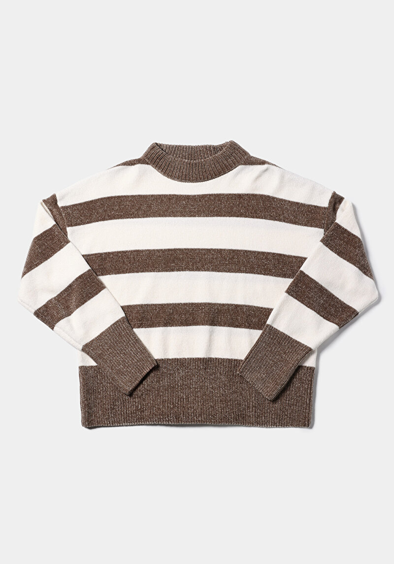 Regular Fit Yuvarlak Yaka Çizgili Kadın Kahverengi Kazak