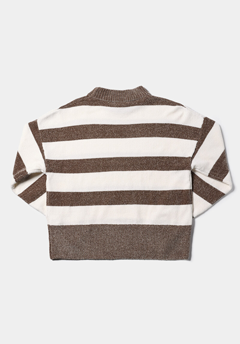 Regular Fit Yuvarlak Yaka Çizgili Kadın Kahverengi Kazak