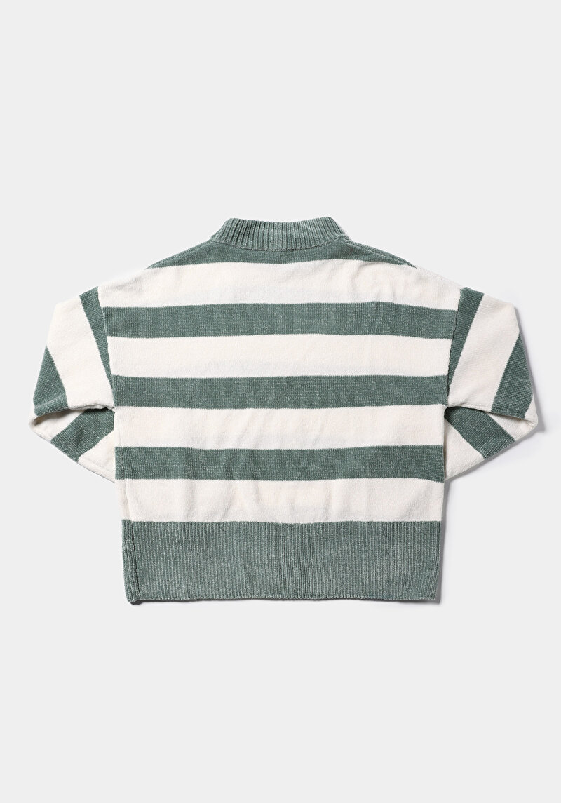 Regular Fit Yuvarlak Yaka Çizgili Kadın Yeşil Kazak