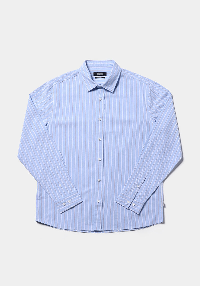 Regular Fit Shirt Neck Çizgili Erkek Mavi Uzun Kol Gömlek