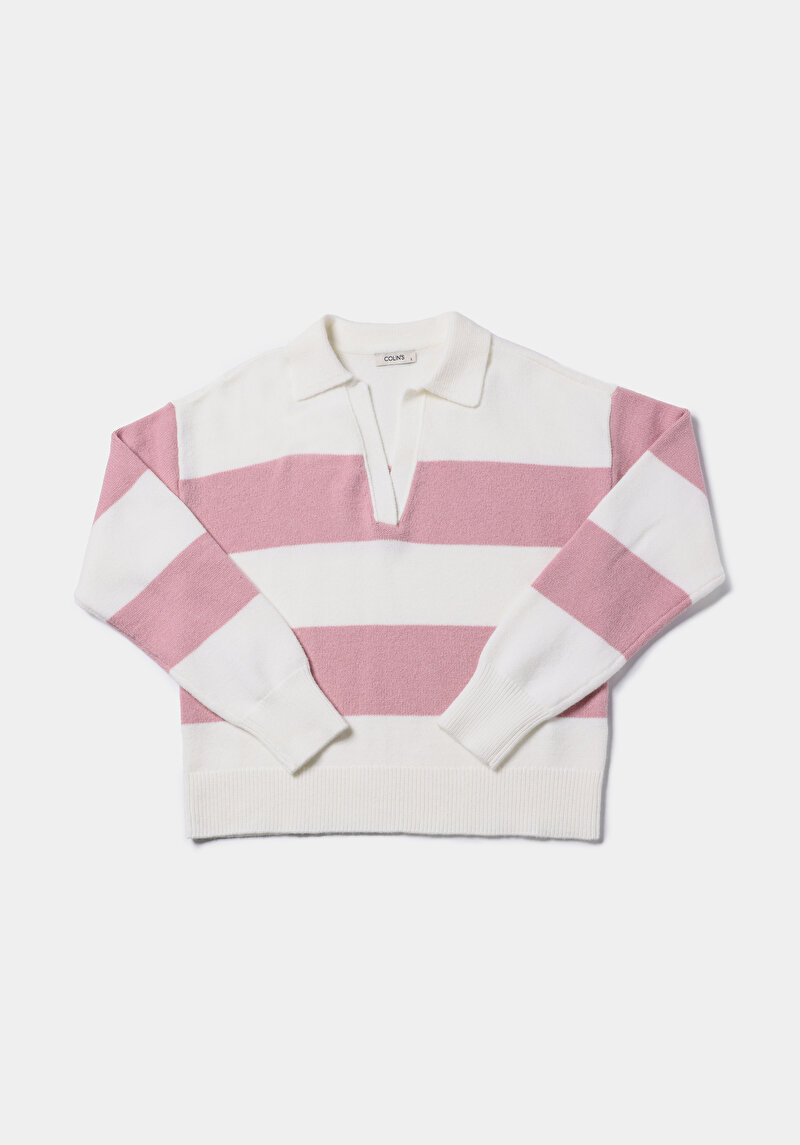 Regular Fit Polo Yaka Çizgili Kadın Pembe Kazak