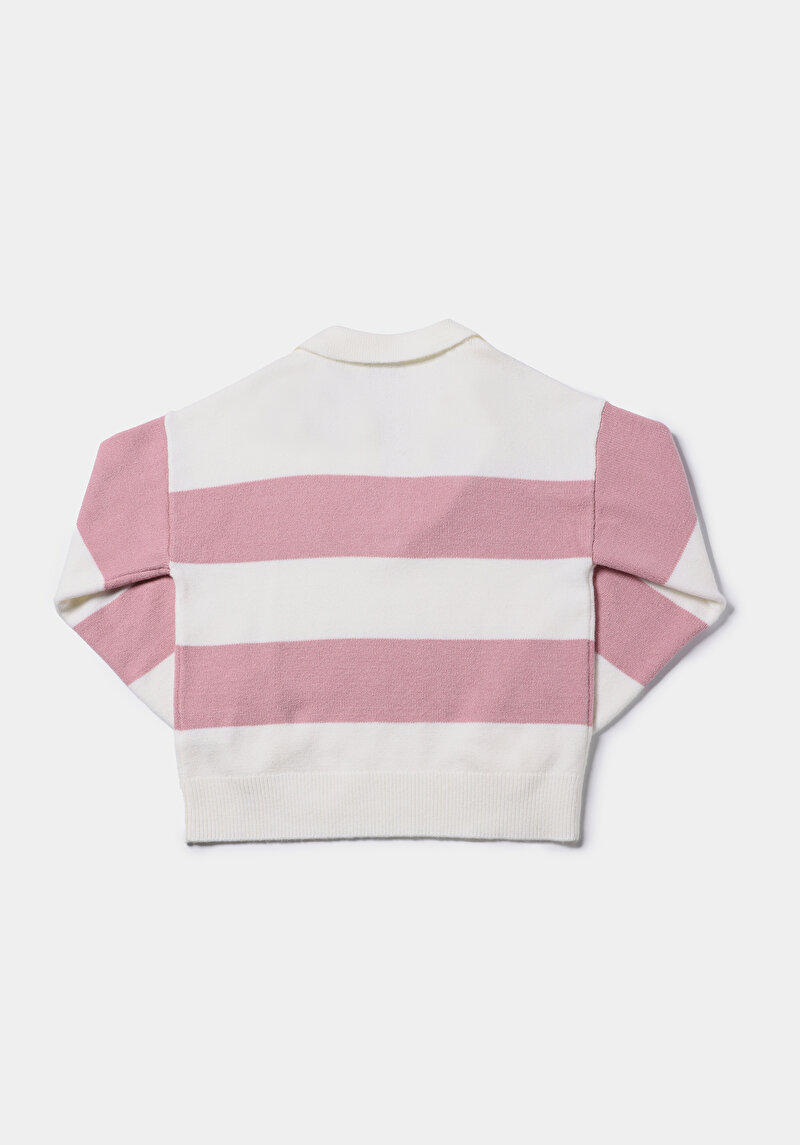 Regular Fit Polo Yaka Çizgili Kadın Pembe Kazak