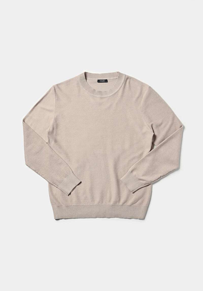 Regular Fit Yuvarlak Yaka Jakarlı Erkek Bej Kazak