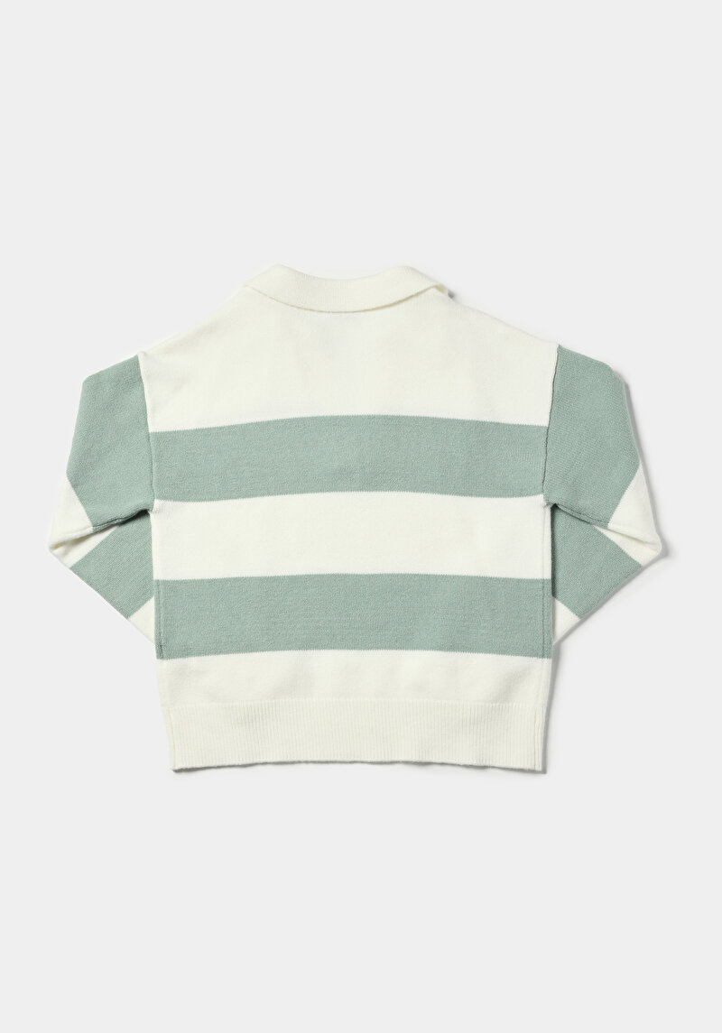 Regular Fit Polo Yaka Çizgili Kadın Yeşil Kazak