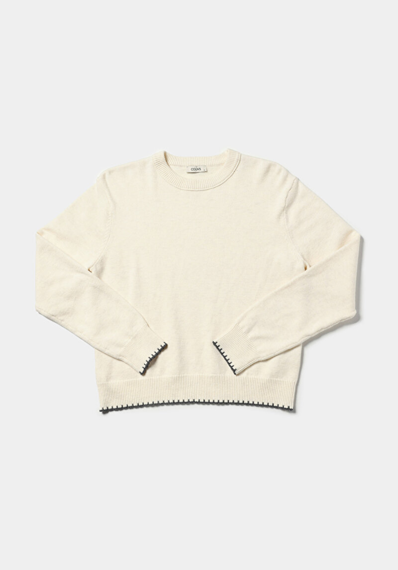 Regular Fit Yuvarlak Yaka Düz Kadın Ekru Kazak