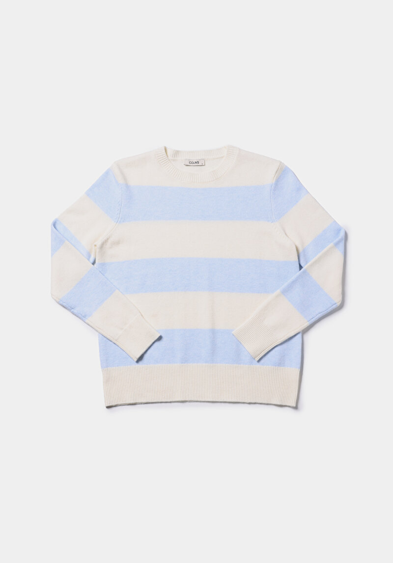 Regular Fit Yuvarlak Yaka Çizgili Kadın Beyaz Kazak