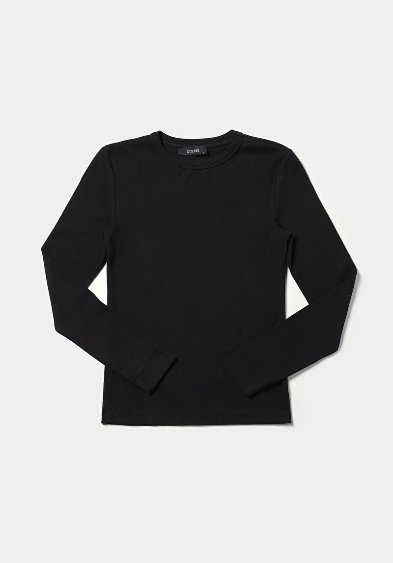 Slim Fit Yuvarlak Yaka Düz Kadın Siyah Uzun Kol Tişört