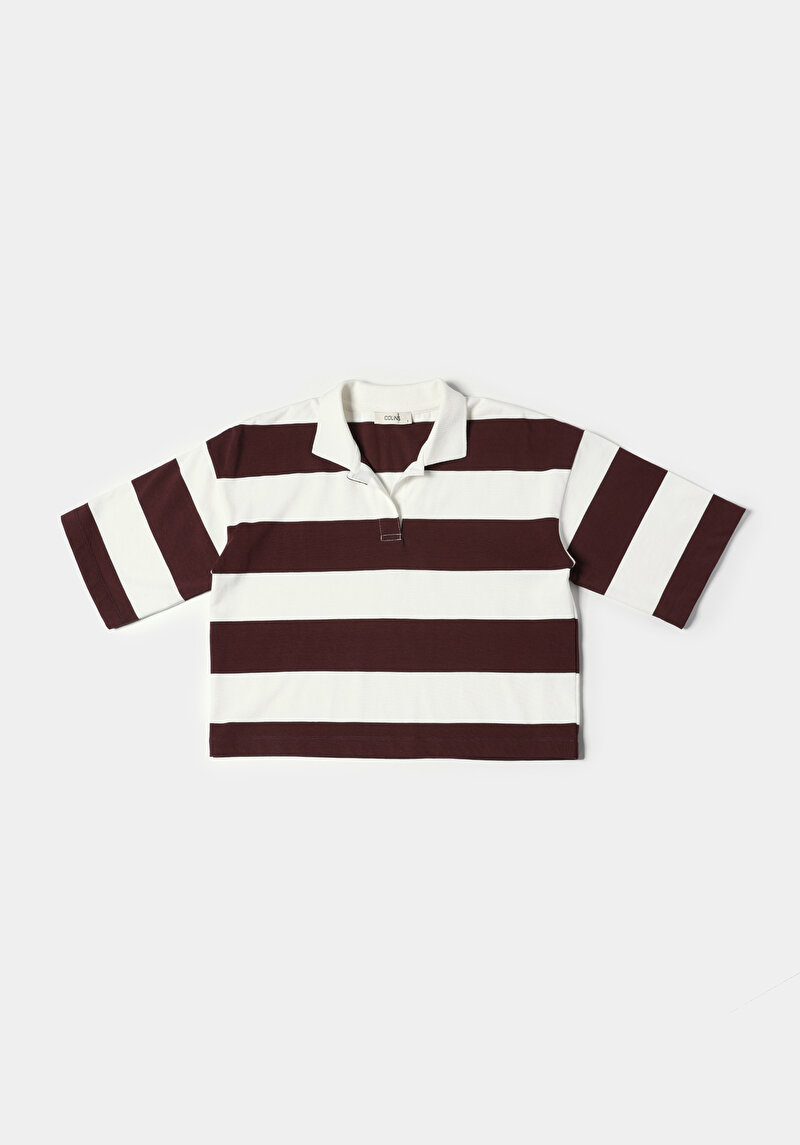 Regular Fit Polo Yaka Çizgili Kadın Mor Kısa Kol Tişört