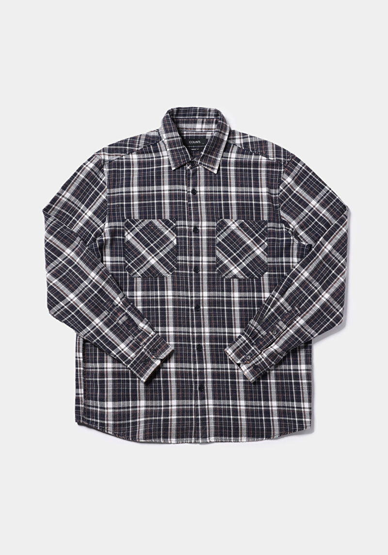 Comfort Fit Shirt Neck Ekoseli Erkek Lacivert Uzun Kol Gömlek