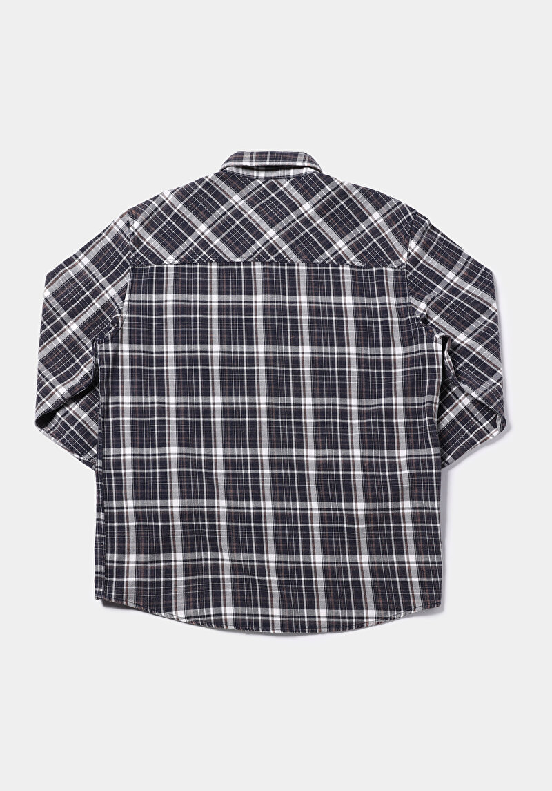 Comfort Fit Shirt Neck Ekoseli Erkek Lacivert Uzun Kol Gömlek