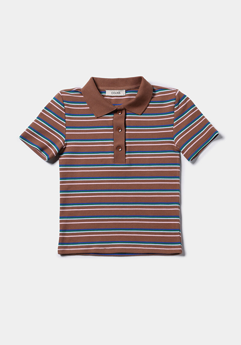 Slim Fit Polo Yaka Çizgili Kadın Kahverengi Kısa Kol Tişört