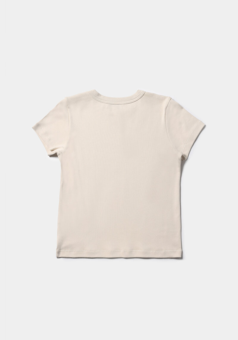 Slim Fit Yuvarlak Yaka Baskılı Kadın Ekru Kısa Kol Tişört
