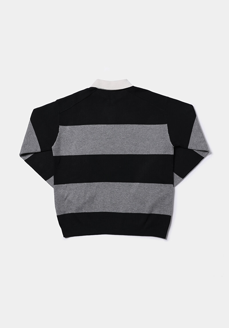 Comfort Fit Polo Yaka Jakarlı Erkek Siyah Kazak