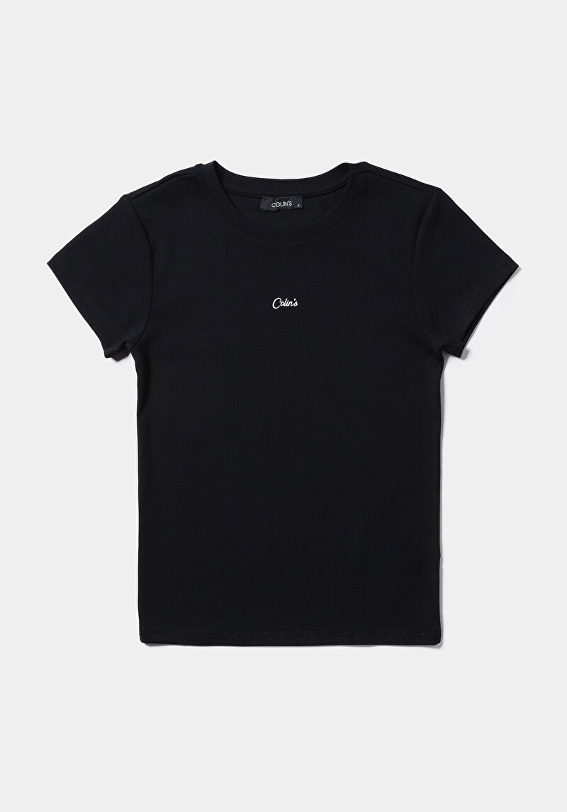 Slim Fit Yuvarlak Yaka Düz Kadın Siyah Kısa Kol Tişört