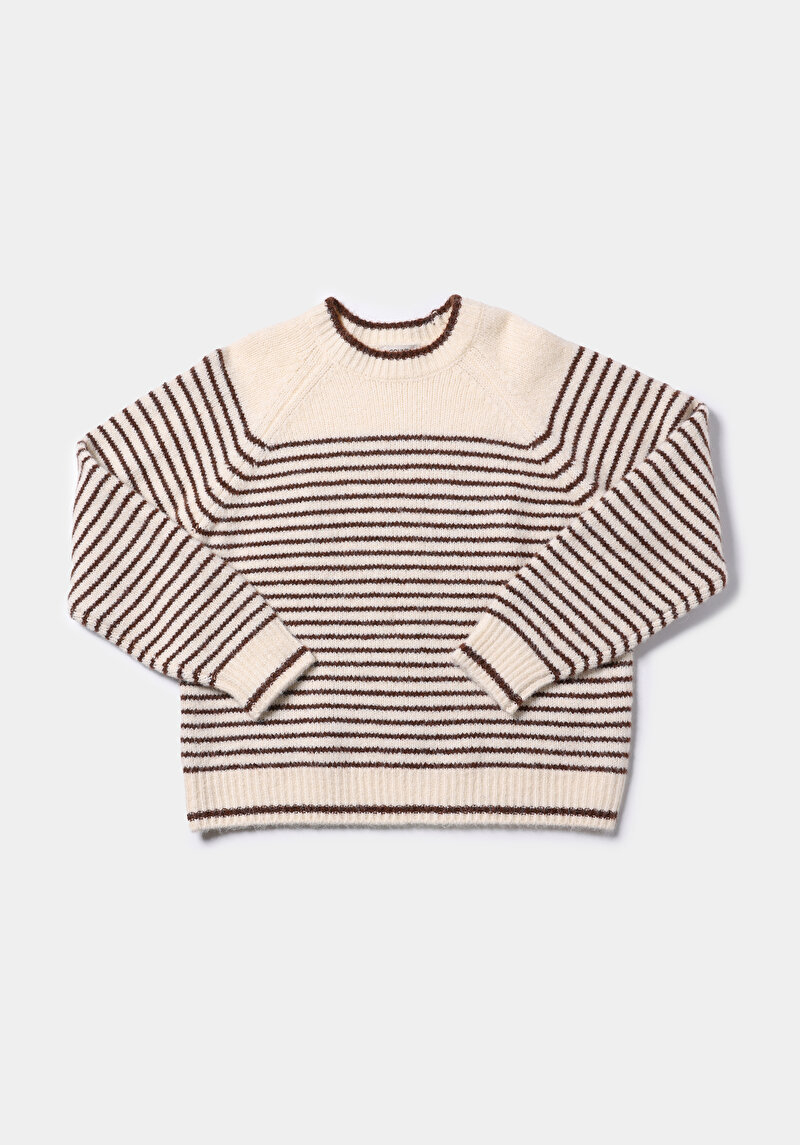 Regular Fit Yuvarlak Yaka Çizgili Kadın Bej Kazak