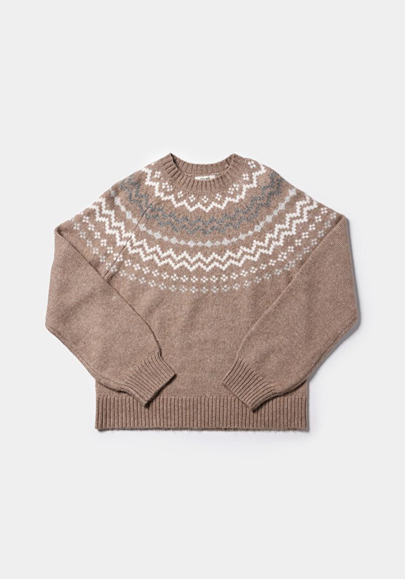 Regular Fit Turtle Neck Baskılı Kadın Bej Kazak