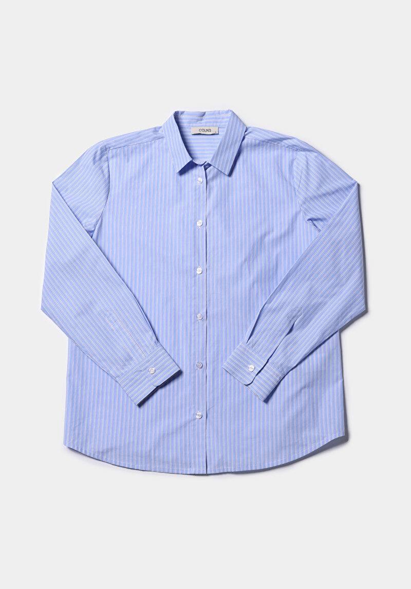 Regular Fit Shirt Neck Düz Kadın Mavi Uzun Kol Gömlek