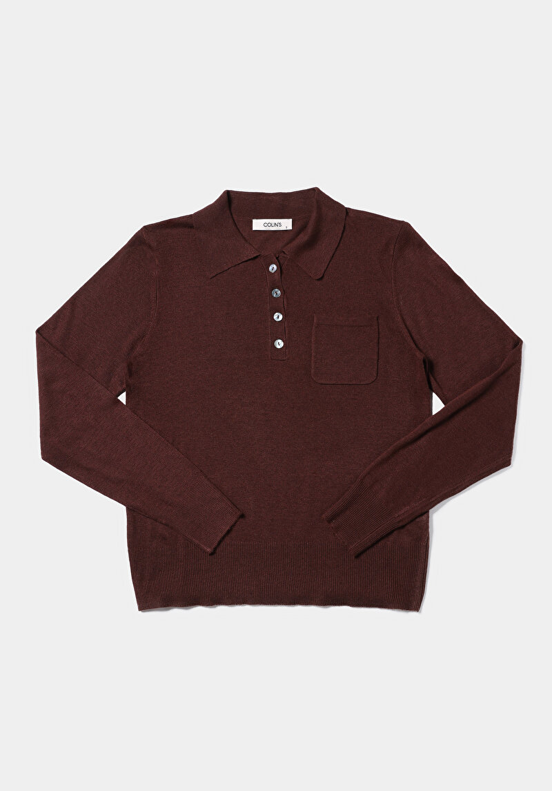 Slim Fit Polo Yaka Düz Kadın Kahverengi Kazak