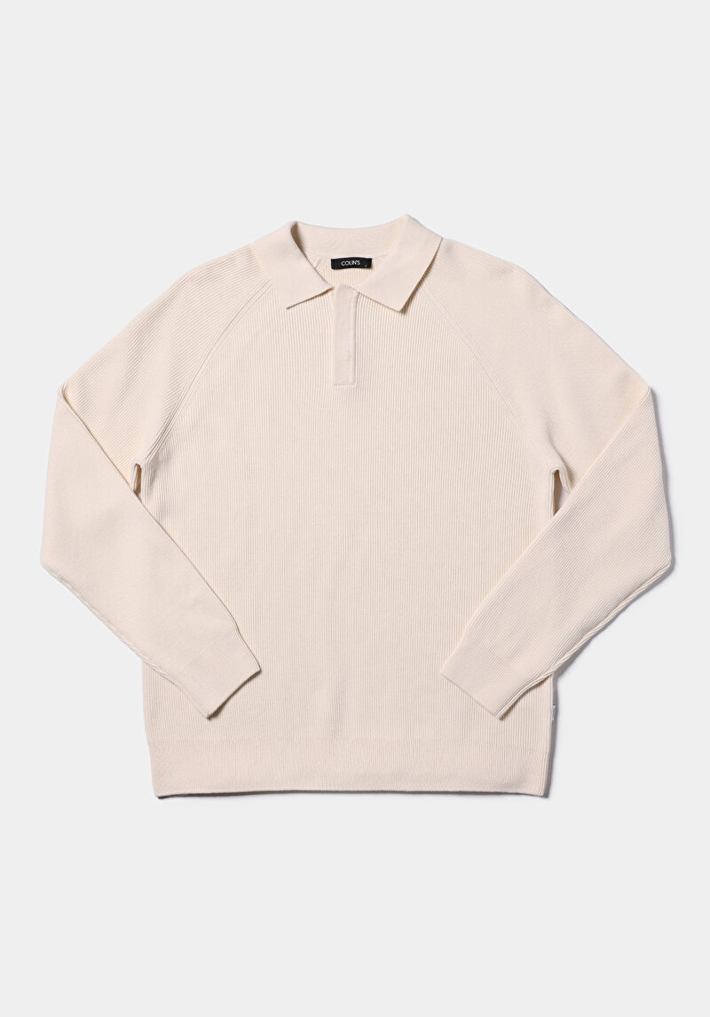 Regular Fit Polo Yaka Jakarlı Erkek Bej Kazak