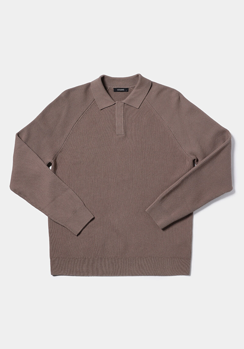 Regular Fit Polo Yaka Jakarlı Erkek Gri Kazak