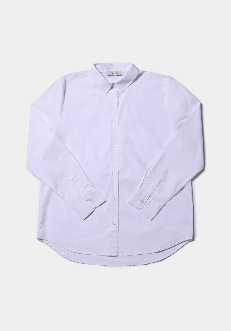Regular Fit Shirt Neck Düz Kadın Beyaz Uzun Kol Gömlek