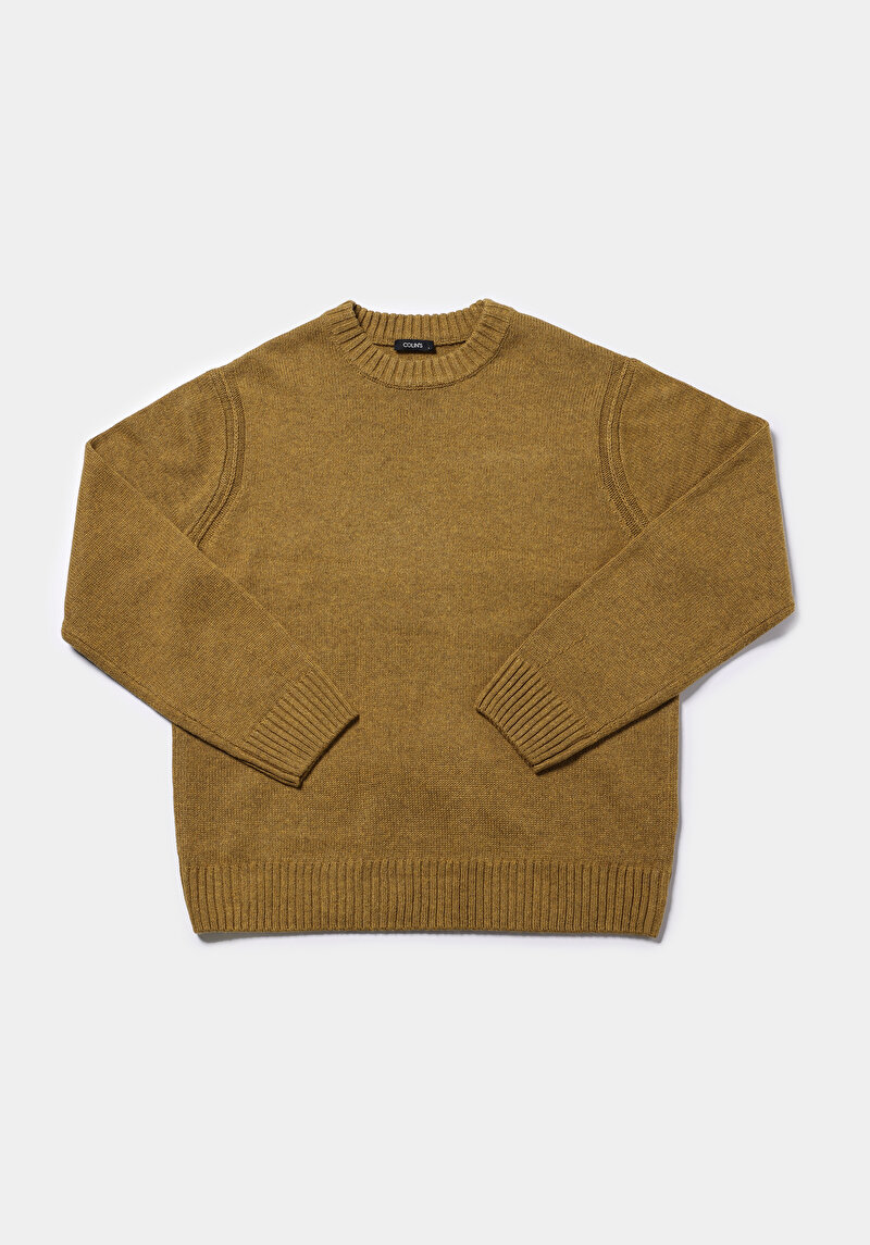 Comfort Fit Yuvarlak Yaka Jakarlı Erkek Sari Kazak