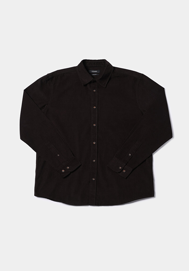 Regular Fit Shirt Neck Düz Erkek Kahverengi Uzun Kol Gömlek