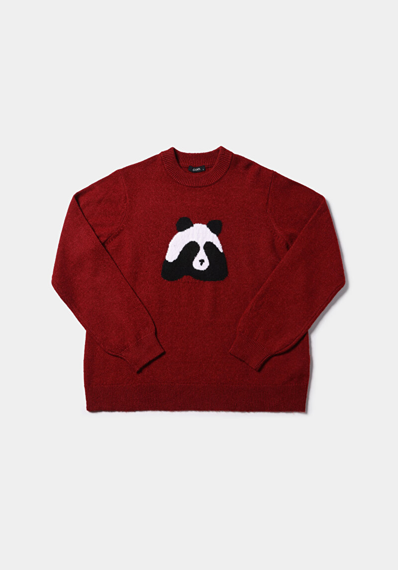 Regular Fit Yuvarlak Yaka Baskılı Kadın Kirmizi Kazak