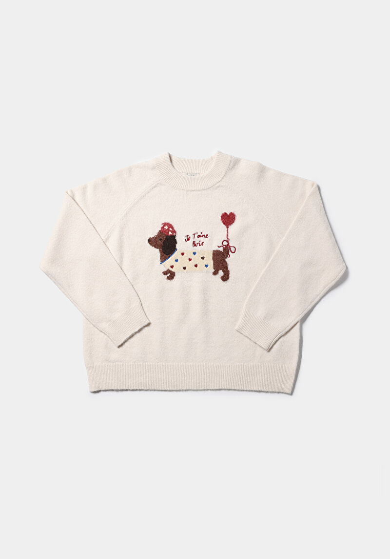 Relaxed Fit Yuvarlak Yaka Baskılı Kadın Ekru Kazak