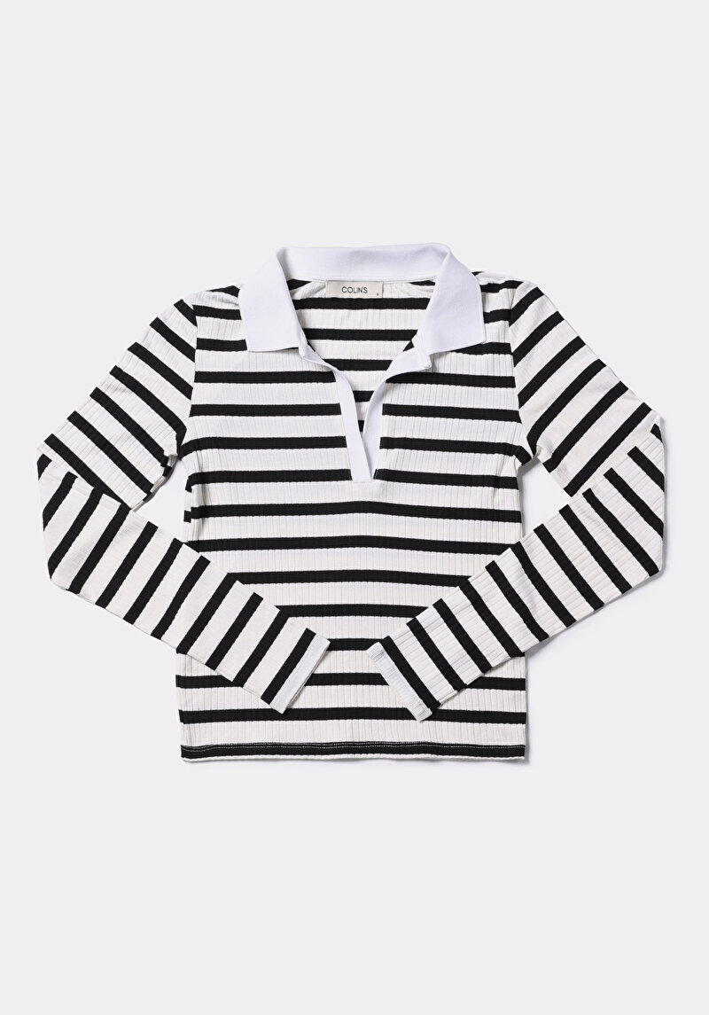 Slim Fit Polo Yaka Çizgili Kadın Siyah Uzun Kol Tişört