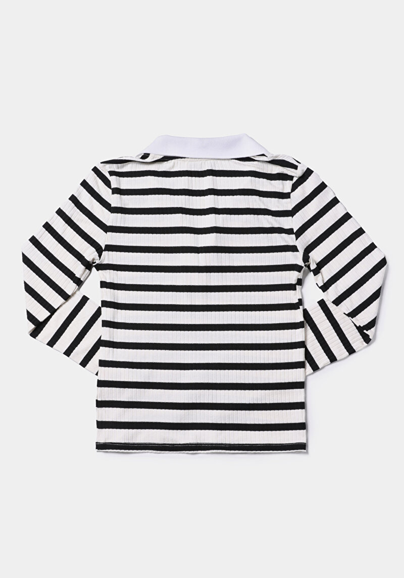 Slim Fit Polo Yaka Çizgili Kadın Siyah Uzun Kol Tişört