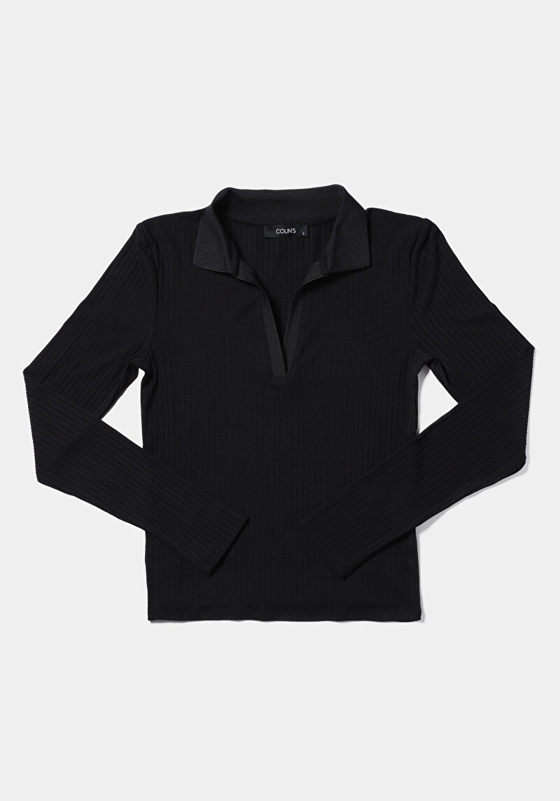 Slim Fit Polo Yaka Düz Kadın Siyah Uzun Kol Tişört