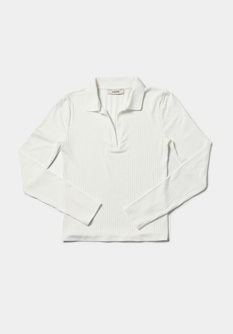 Slim Fit Polo Yaka Düz Kadın Beyaz Uzun Kol Tişört