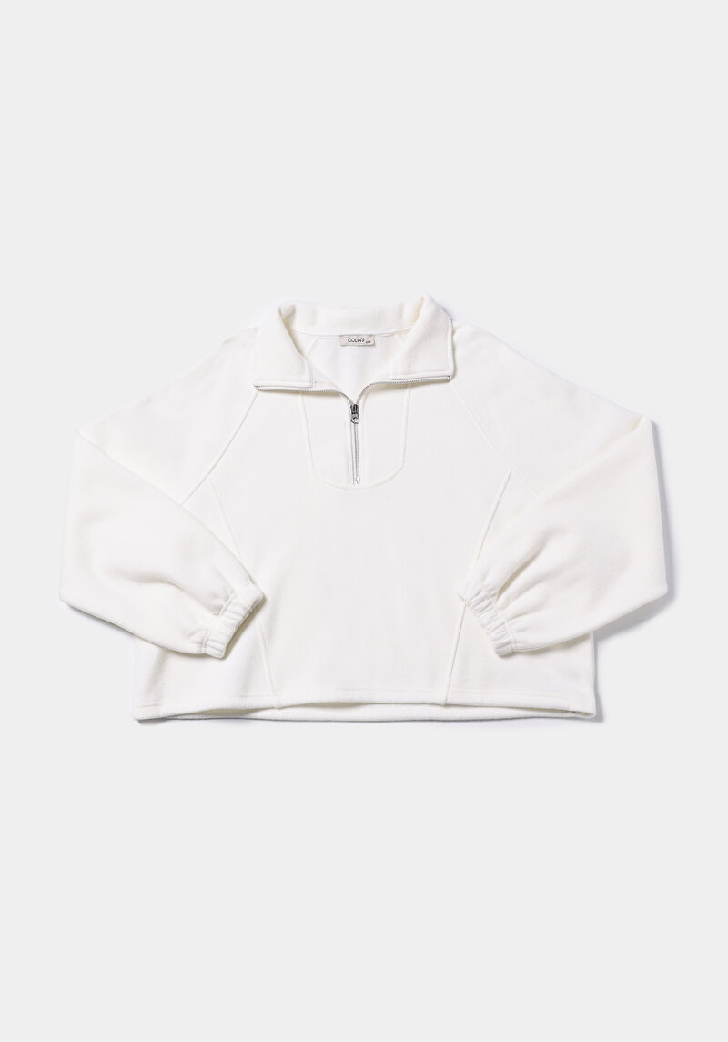 Relax Fit Fermuarlı Düz Kadın Ekru Sweatshirt