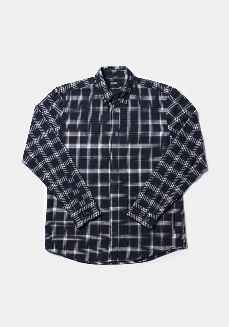 Slim Fit Shirt Neck Ekoseli Erkek Lacivert Uzun Kol Gömlek