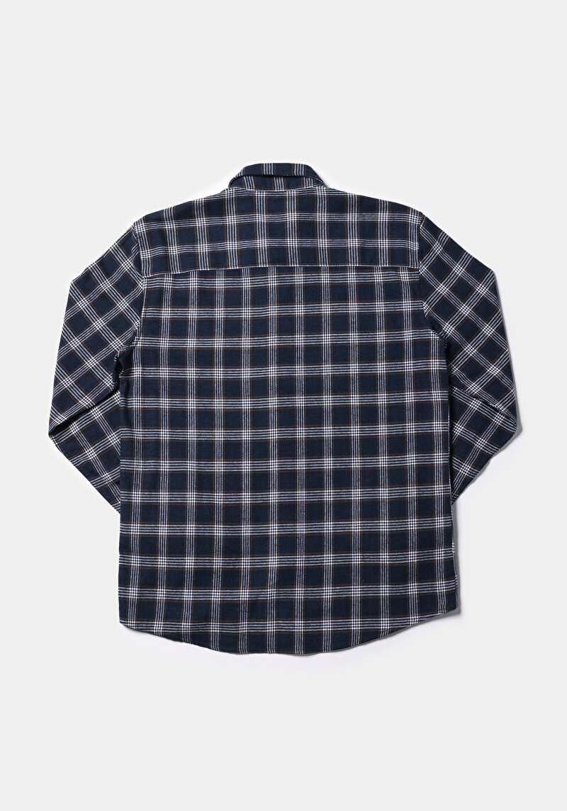 Slim Fit Shirt Neck Ekoseli Erkek Lacivert Uzun Kol Gömlek