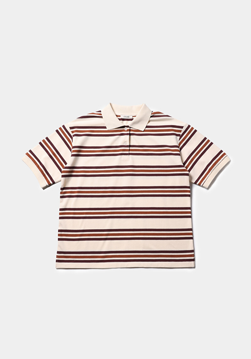 Regular Fit Polo Yaka Çizgili Kadın Çok Renkli Kısa Kol Tişört